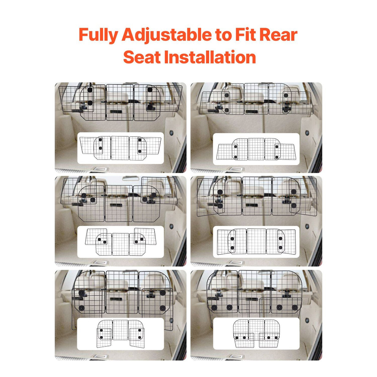 Dog Car Barrier, 36.6"-60" Adjustable Car Divider for Trunk Cargo Area, Universal-Fit Back Seat Heavy-Duty Wire Mesh Dogs Separator Guard Net, Vehicle Pet Barrier for Sedans, Trucks and SUVs