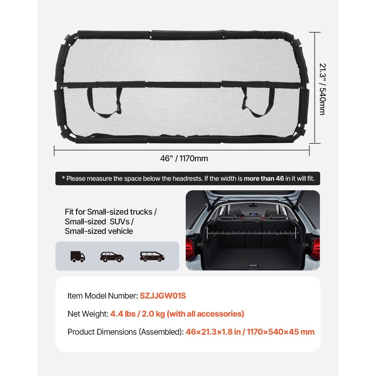 Dog Car Barrier, 46" Wide Car Divider for Cargo Area, Vehicle Pet Barrier with See Through Net Mesh, Universal-Fit Dog Car Barrier for Small-Sized SUVs, Trucks and Vehicle, Black
