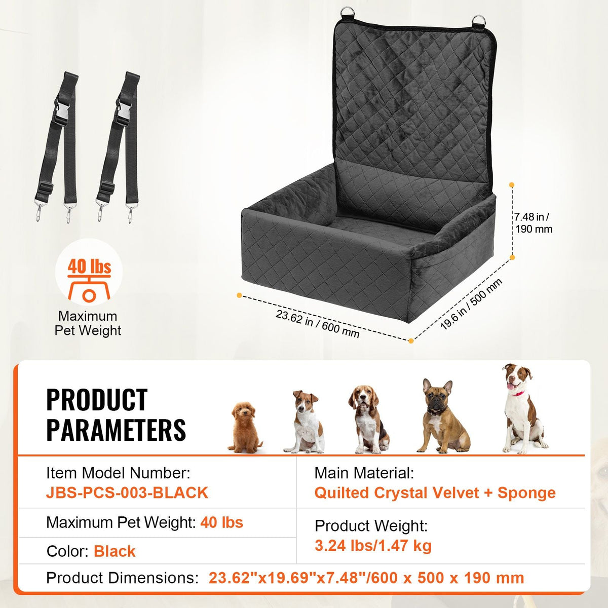 Dog Car Seat, Dog Booster Seat for Car with A Storage Pocket, Clip-On Safety Leash, Sponge and PP Cotton Filling, Dog Car Bed for Small & Medium Dog up to 40lbs, Black