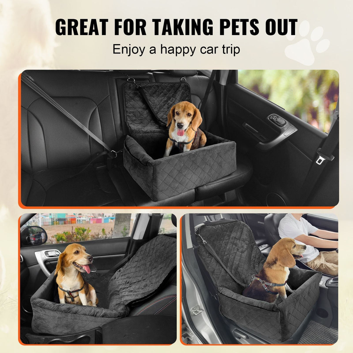Dog Car Seat, Dog Booster Seat for Car with A Storage Pocket, Clip-On Safety Leash, Sponge and PP Cotton Filling, Dog Car Bed for Small & Medium Dog up to 40lbs, Black