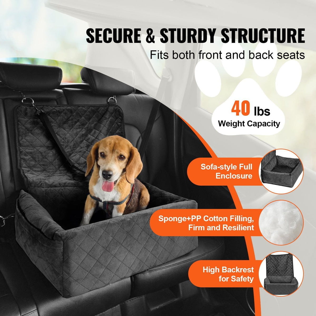 Dog Car Seat, Dog Booster Seat for Car with A Storage Pocket, Clip-On Safety Leash, Sponge and PP Cotton Filling, Dog Car Bed for Small & Medium Dog up to 40lbs, Black