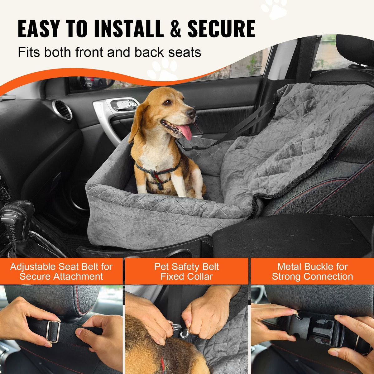 Dog Car Seat, Dog Booster Seat for Car with A Storage Pocket, Clip-On Safety Leash, Sponge and PP Cotton Filling, Dog Car Bed for Small & Medium Dog up to 40lbs, Gray