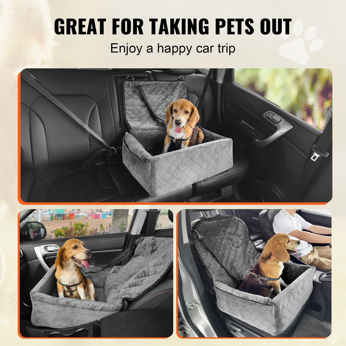 Dog Car Seat, Dog Booster Seat for Car with A Storage Pocket, Clip-On Safety Leash, Sponge and PP Cotton Filling, Dog Car Bed for Small & Medium Dog up to 40lbs, Gray