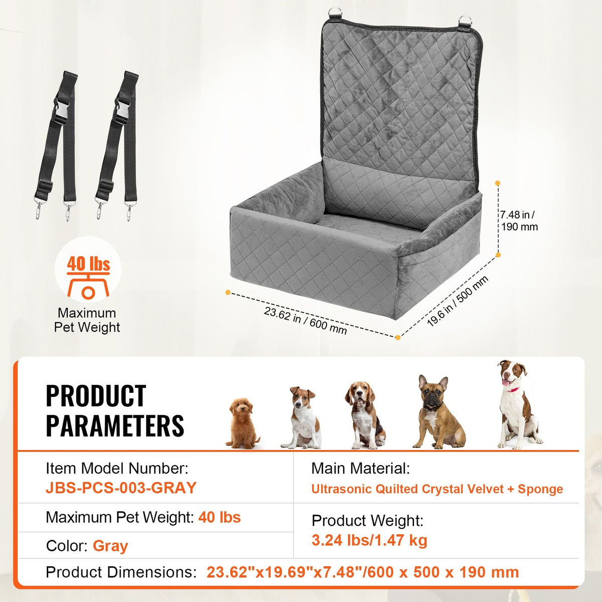 Dog Car Seat, Dog Booster Seat for Car with A Storage Pocket, Clip-On Safety Leash, Sponge and PP Cotton Filling, Dog Car Bed for Small & Medium Dog up to 40lbs, Gray