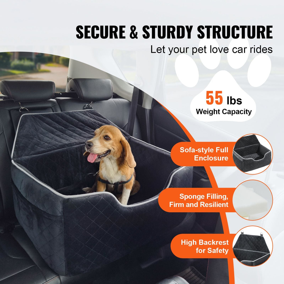 Dog Car Seat, Dog Booster Seat for Car with A Storage Pocket, Pet Car Seat with Clip-On Safety Leash, Sponge Filling, Dog Car Bed for Medium & Large Dog up to 55 lbs, Black