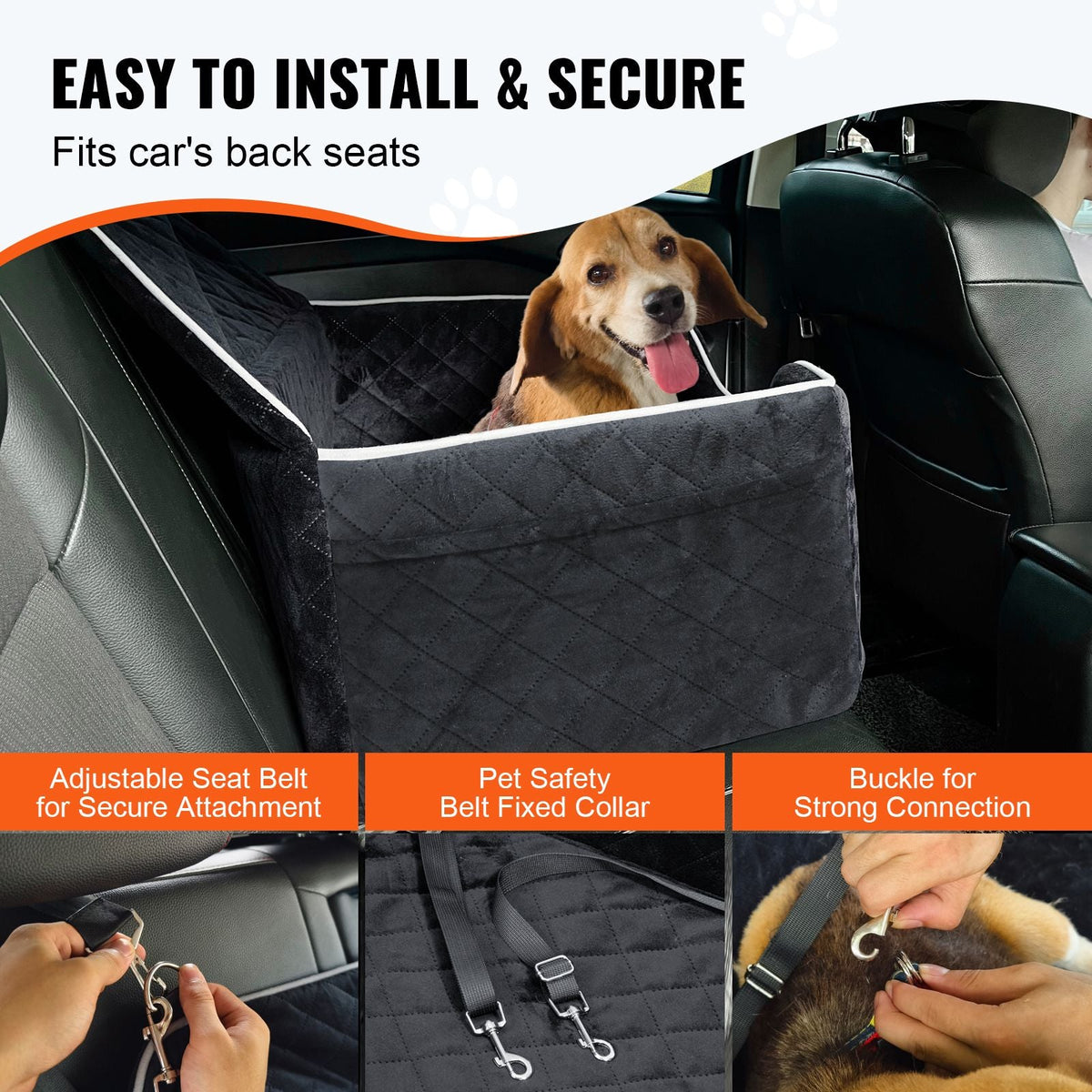 Dog Car Seat, Dog Booster Seat for Car with A Storage Pocket, Pet Car Seat with Clip-On Safety Leash, Sponge Filling, Dog Car Bed for Medium & Large Dog up to 55 lbs, Black