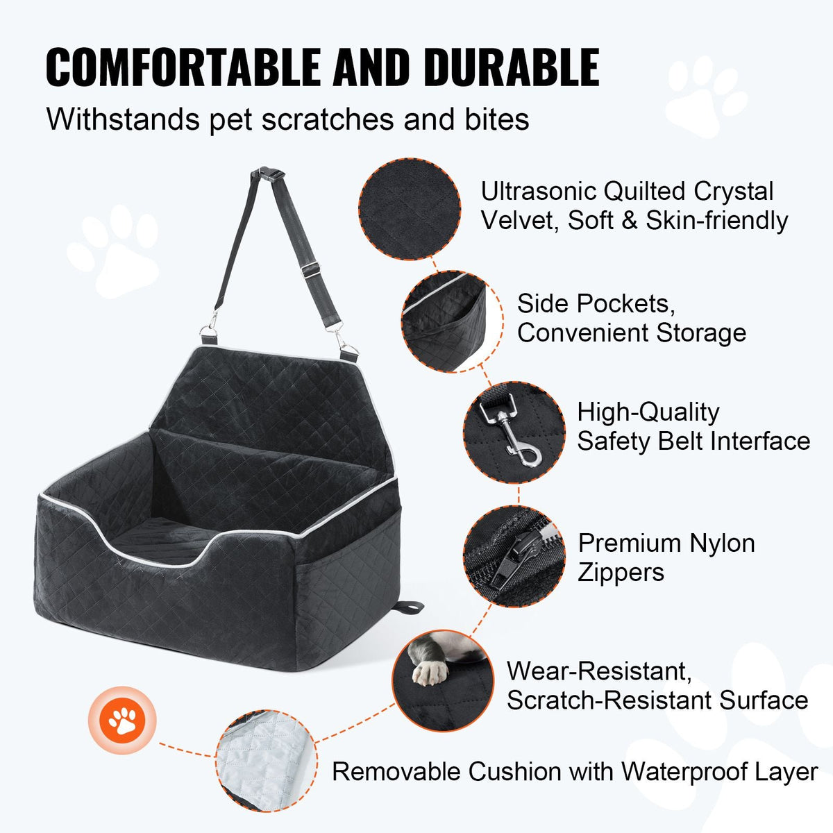 Dog Car Seat, Dog Booster Seat for Car with A Storage Pocket, Pet Car Seat with Clip-On Safety Leash, Sponge Filling, Dog Car Bed for Medium & Large Dog up to 55 lbs, Black