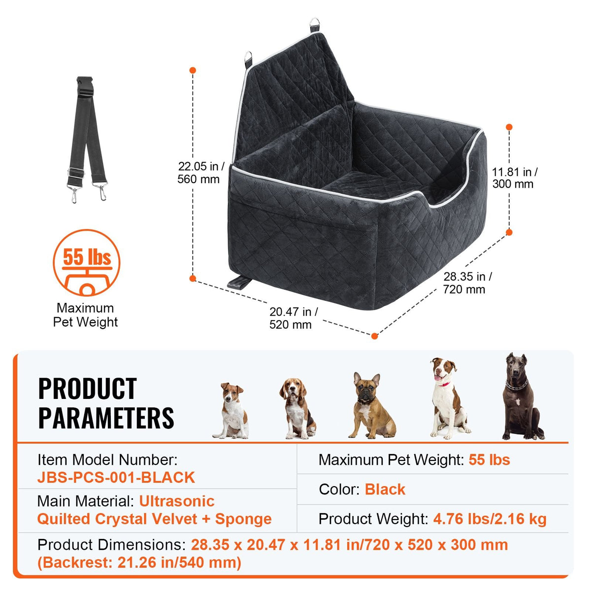 Dog Car Seat, Dog Booster Seat for Car with A Storage Pocket, Pet Car Seat with Clip-On Safety Leash, Sponge Filling, Dog Car Bed for Medium & Large Dog up to 55 lbs, Black