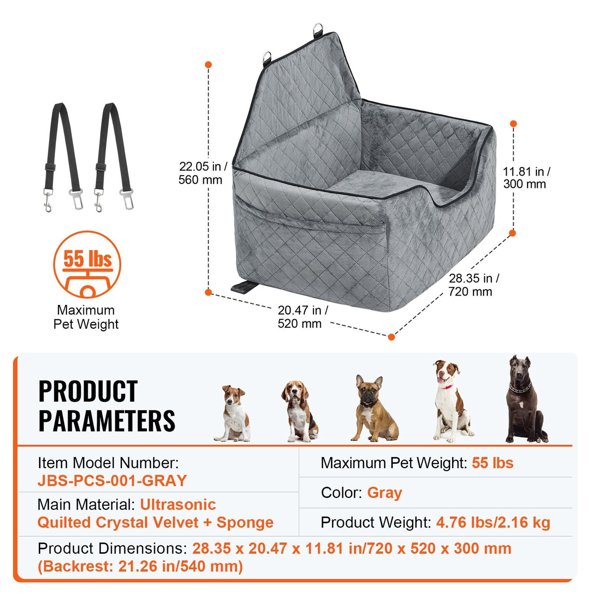 Dog Car Seat, Dog Booster Seat for Car with A Storage Pocket, Pet Car Seat with Clip-On Safety Leash, Sponge Filling, Dog Car Bed for Medium & Large Dog up to 55 lbs, Gray