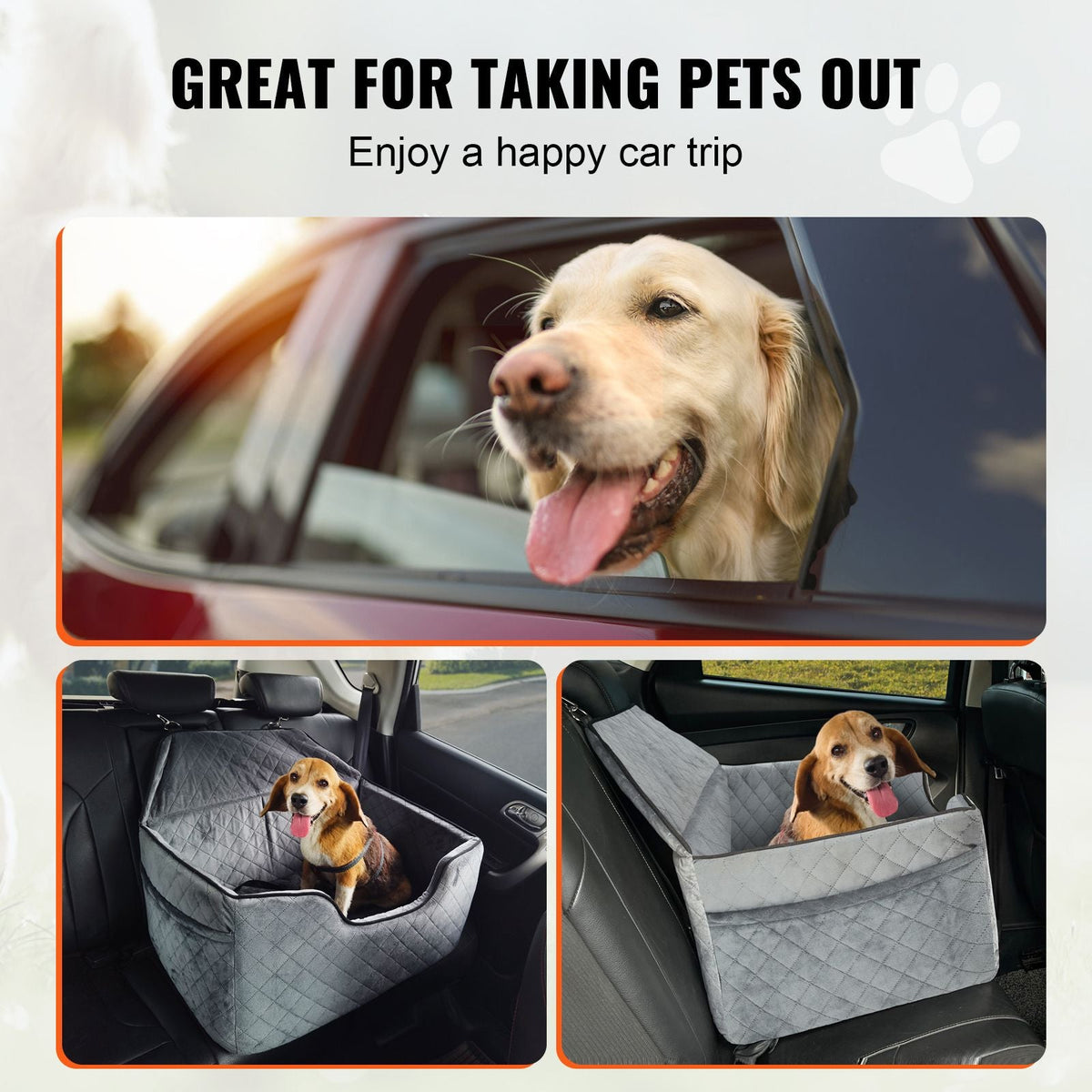Dog Car Seat, Dog Booster Seat for Car with A Storage Pocket, Pet Car Seat with Clip-On Safety Leash, Sponge Filling, Dog Car Bed for Medium & Large Dog up to 55 lbs, Gray