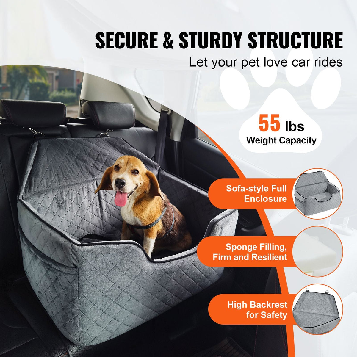Dog Car Seat, Dog Booster Seat for Car with A Storage Pocket, Pet Car Seat with Clip-On Safety Leash, Sponge Filling, Dog Car Bed for Medium & Large Dog up to 55 lbs, Gray