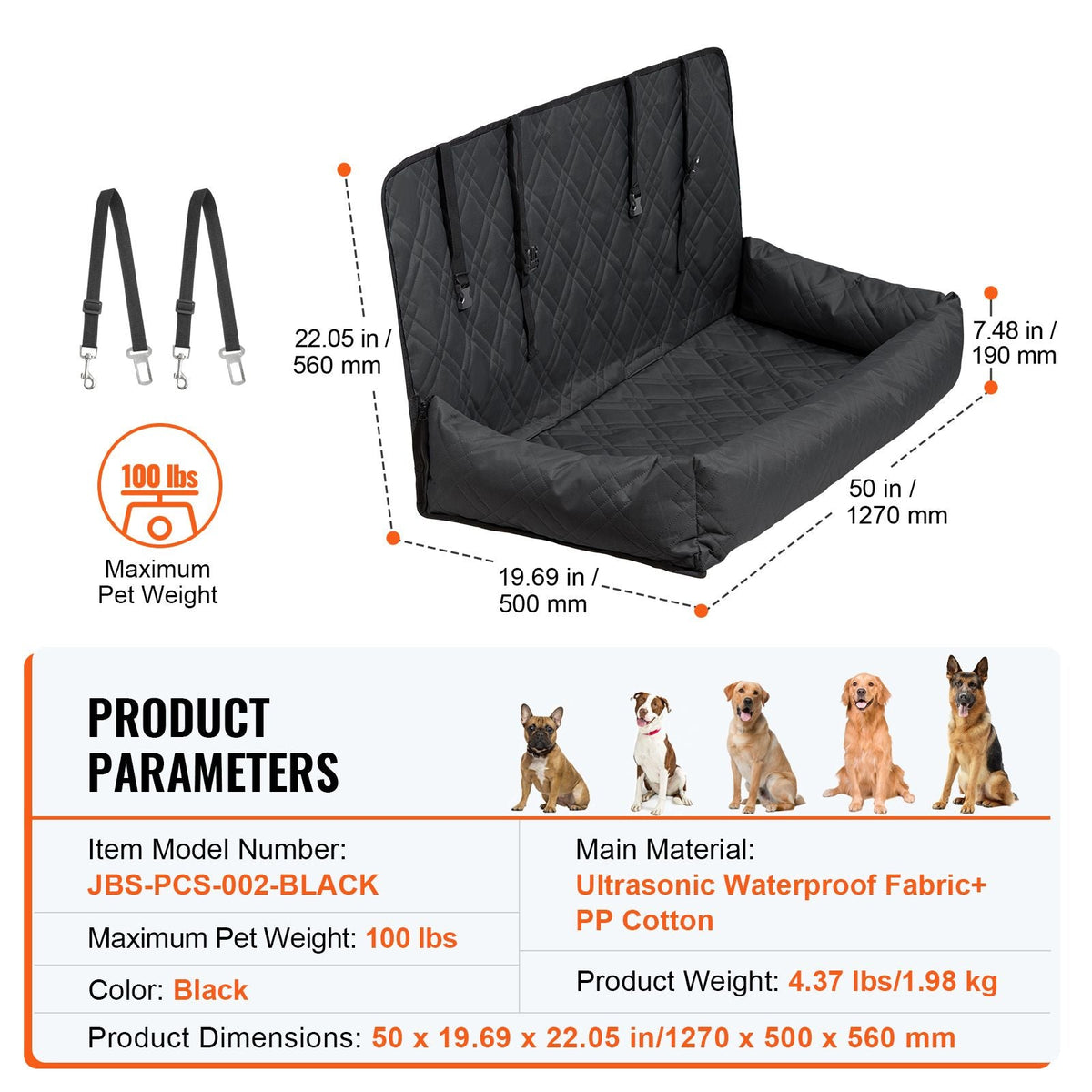 Dog Car Seat, Waterproof Dog Booster Seat for Car, Pet Car Seat with Clip-On Safety Leash, PP Cotton Filling, Dog Car Bed for Medium & Large Dog up to 100 lbs, Black