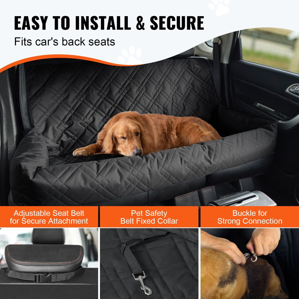 Dog Car Seat, Waterproof Dog Booster Seat for Car, Pet Car Seat with Clip-On Safety Leash, PP Cotton Filling, Dog Car Bed for Medium & Large Dog up to 100 lbs, Black