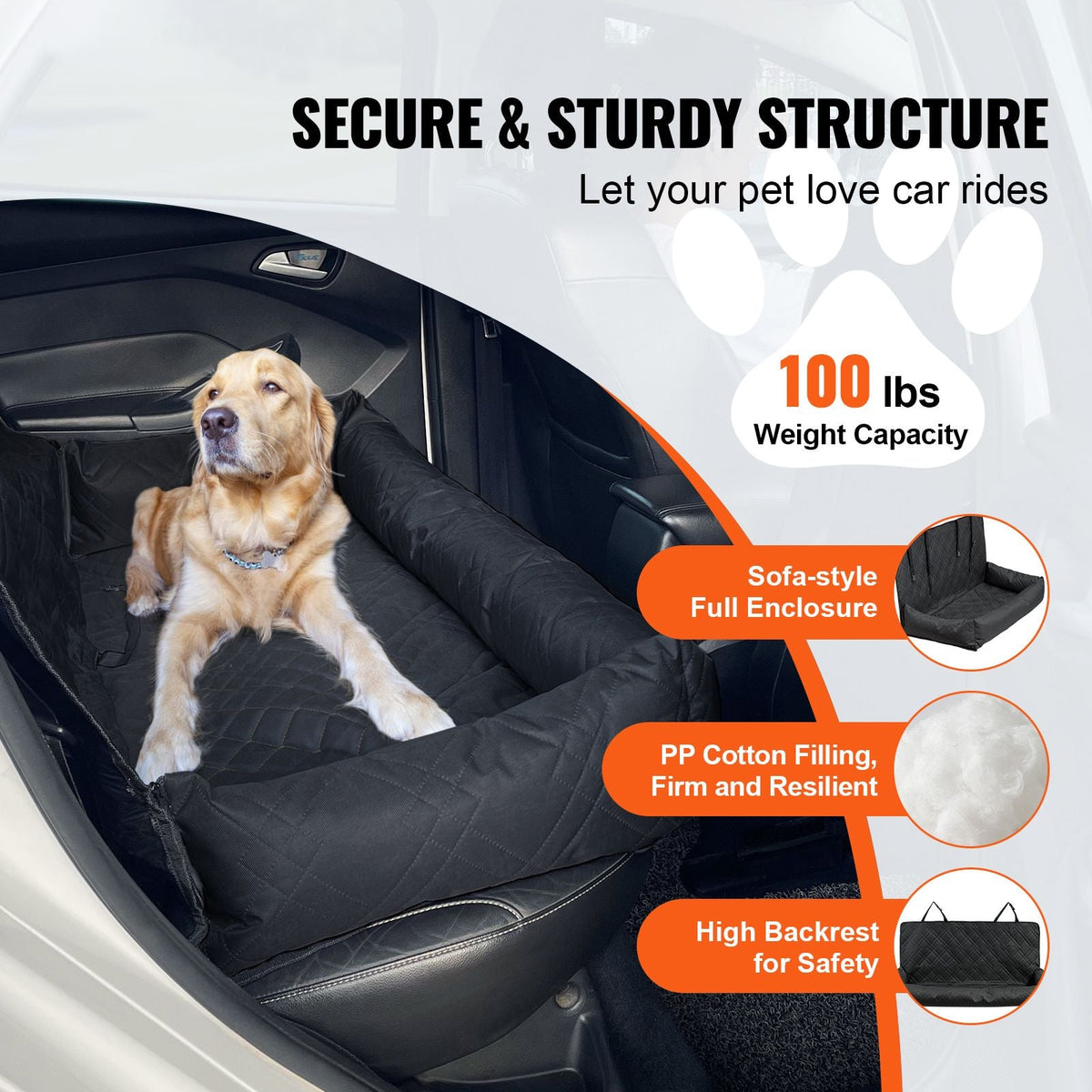 Dog Car Seat, Waterproof Dog Booster Seat for Car, Pet Car Seat with Clip-On Safety Leash, PP Cotton Filling, Dog Car Bed for Medium & Large Dog up to 100 lbs, Black