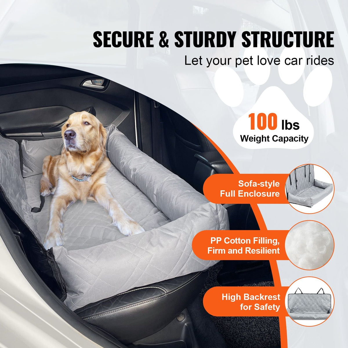 Dog Car Seat, Waterproof Dog Booster Seat for Car, Pet Car Seat with Clip-On Safety Leash, PP Cotton Filling, Dog Car Bed for Medium & Large Dog up to 100 lbs, Gray