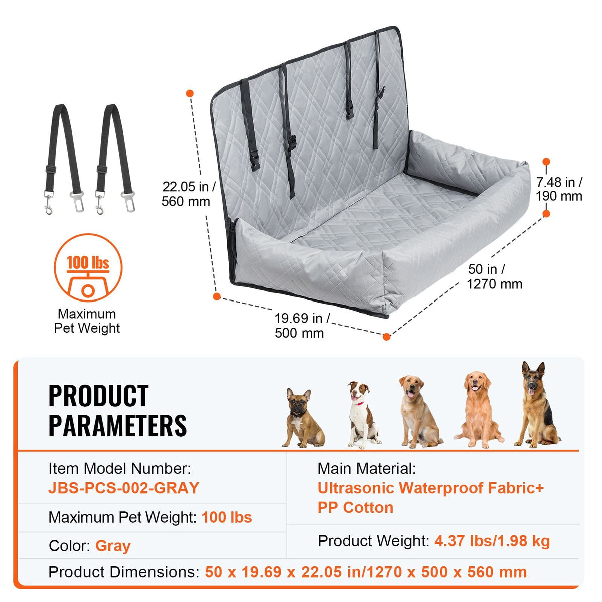 Dog Car Seat, Waterproof Dog Booster Seat for Car, Pet Car Seat with Clip-On Safety Leash, PP Cotton Filling, Dog Car Bed for Medium & Large Dog up to 100 lbs, Gray