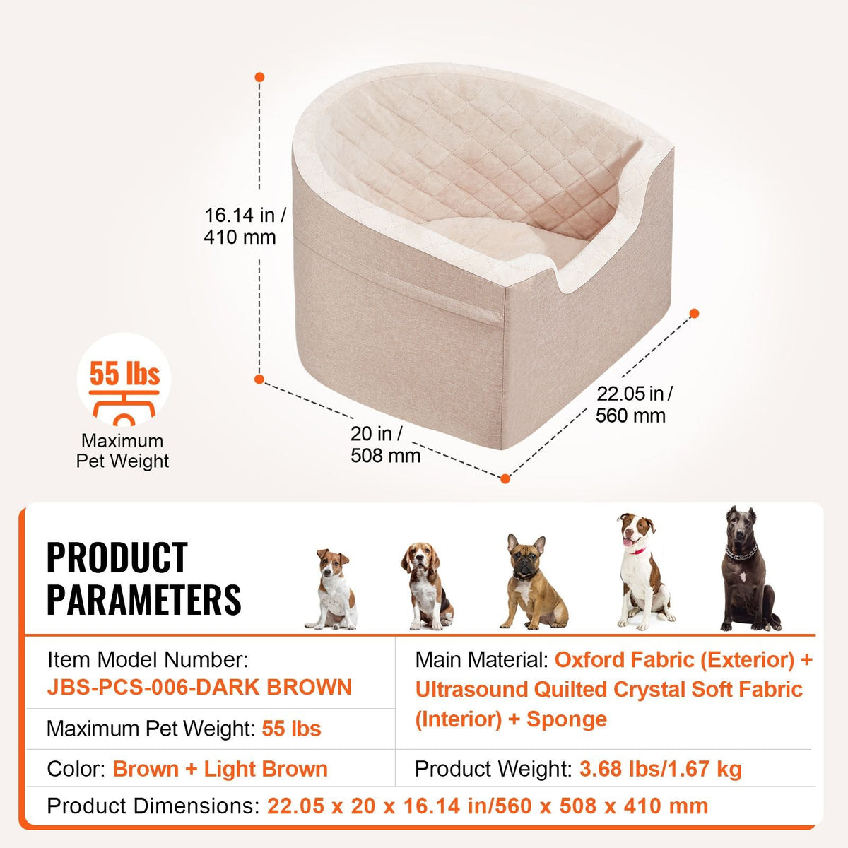 Dog Car Seat, Waterproof Dog Booster Seat for Car with A Storage Pocket, Clip-On Safety Leash and Sponge Filling, Dog Car Bed for Small & Medium Dog up to 55lbs, Brown