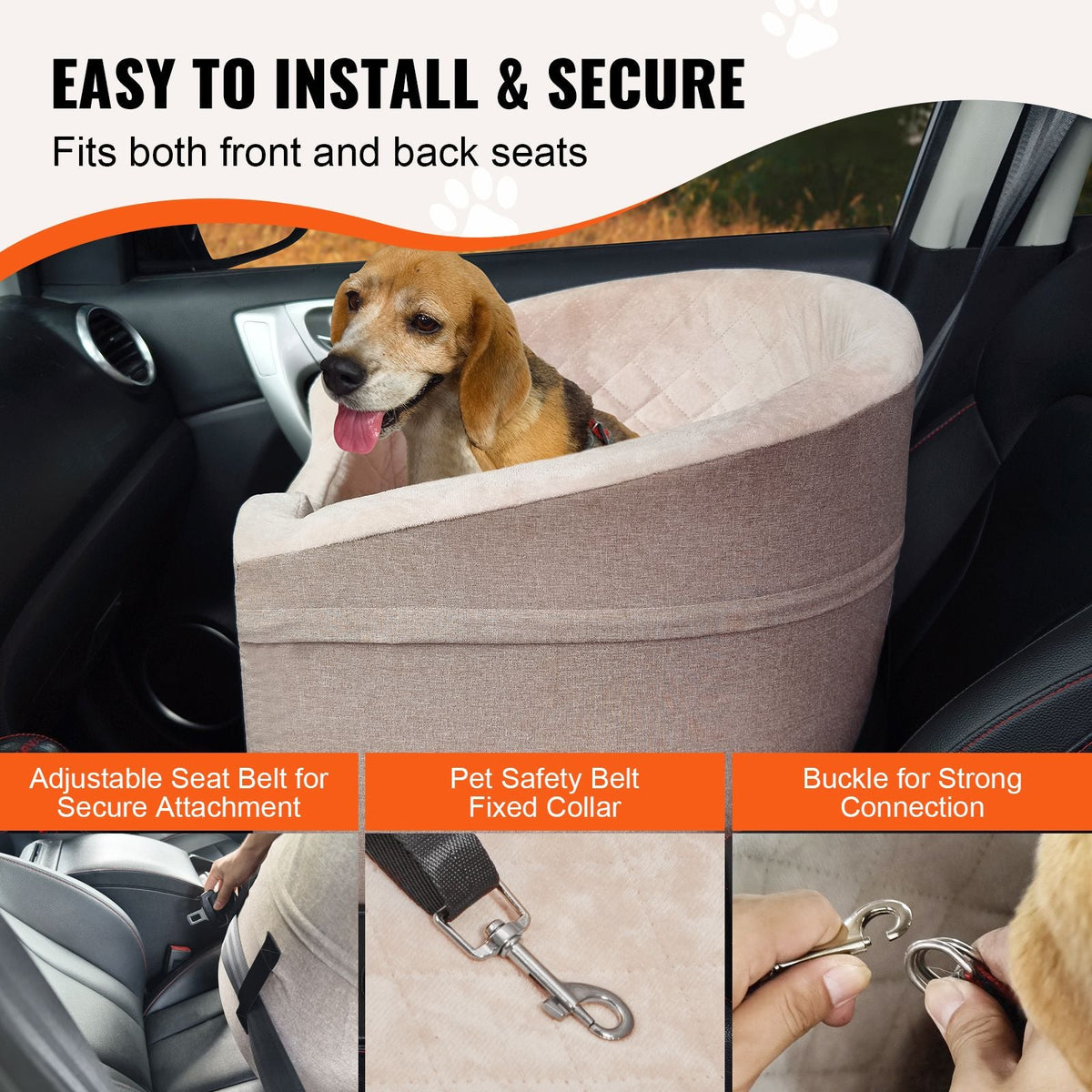 Dog Car Seat, Waterproof Dog Booster Seat for Car with A Storage Pocket, Clip-On Safety Leash and Sponge Filling, Dog Car Bed for Small & Medium Dog up to 55lbs, Brown