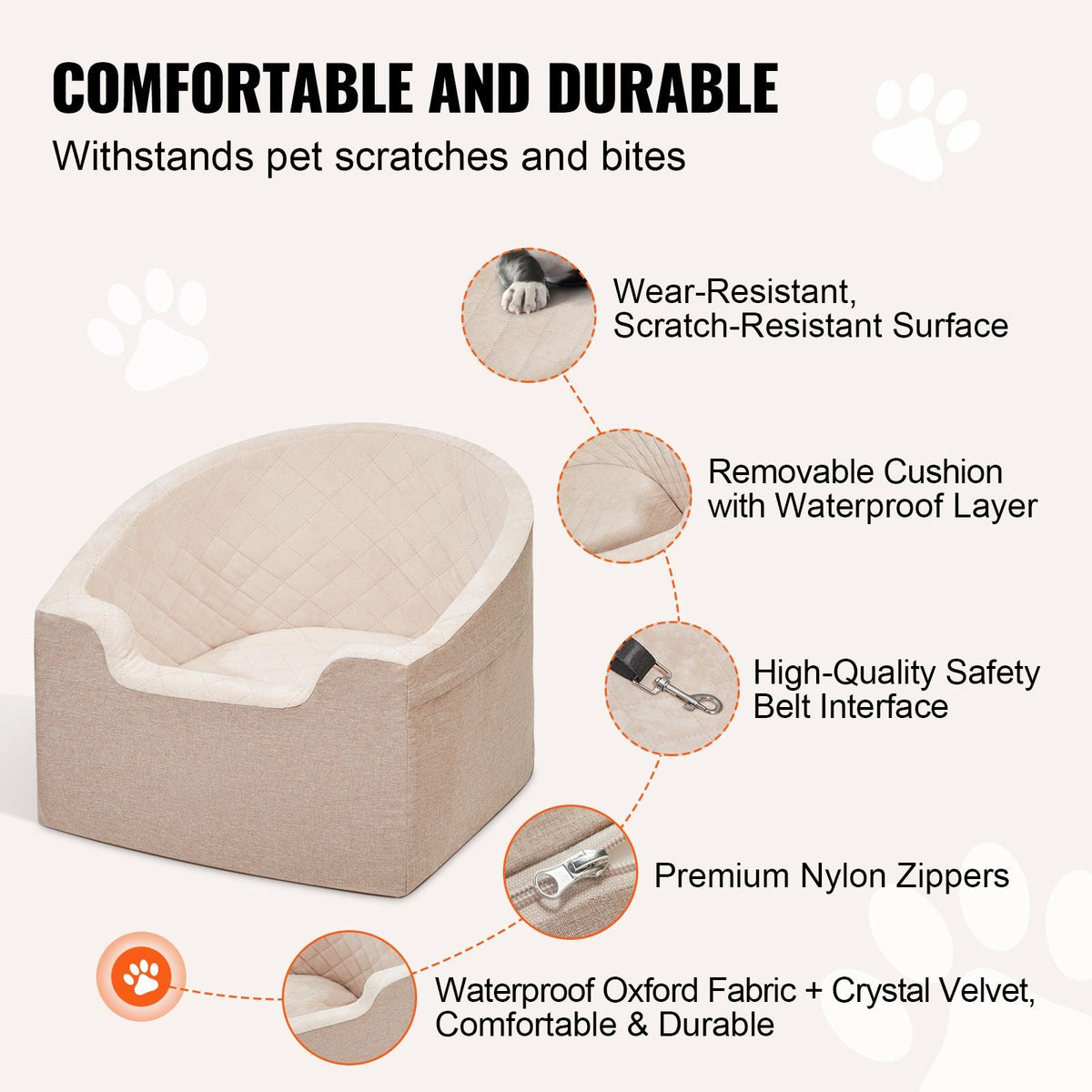 Dog Car Seat, Waterproof Dog Booster Seat for Car with A Storage Pocket, Clip-On Safety Leash and Sponge Filling, Dog Car Bed for Small & Medium Dog up to 55lbs, Brown
