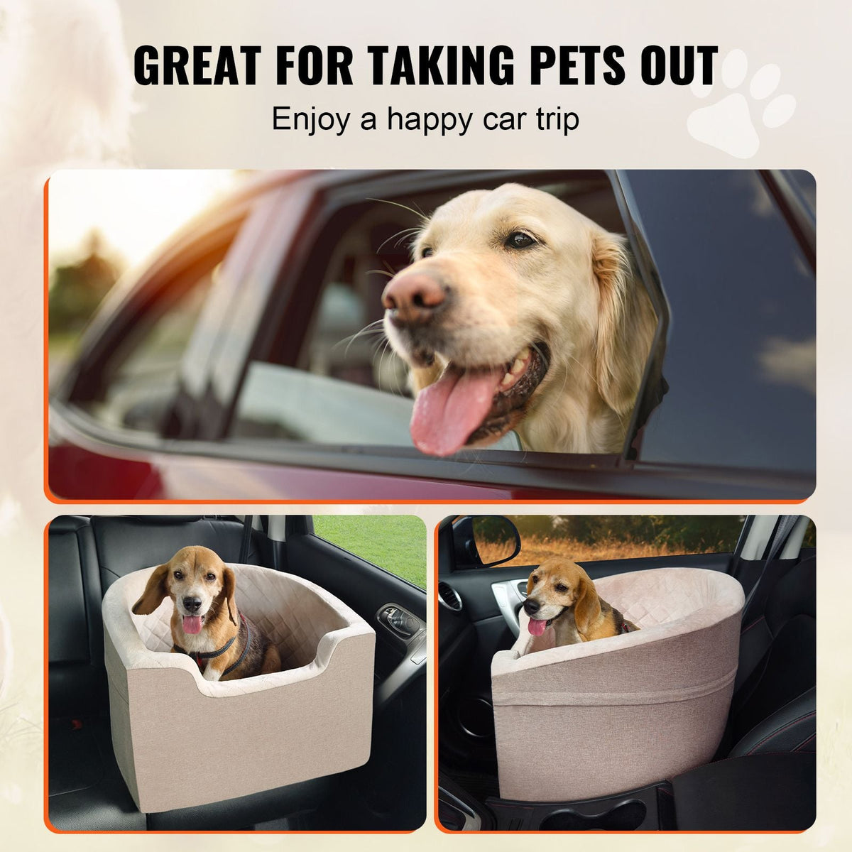 Dog Car Seat, Waterproof Dog Booster Seat for Car with A Storage Pocket, Clip-On Safety Leash and Sponge Filling, Dog Car Bed for Small & Medium Dog up to 55lbs, Brown