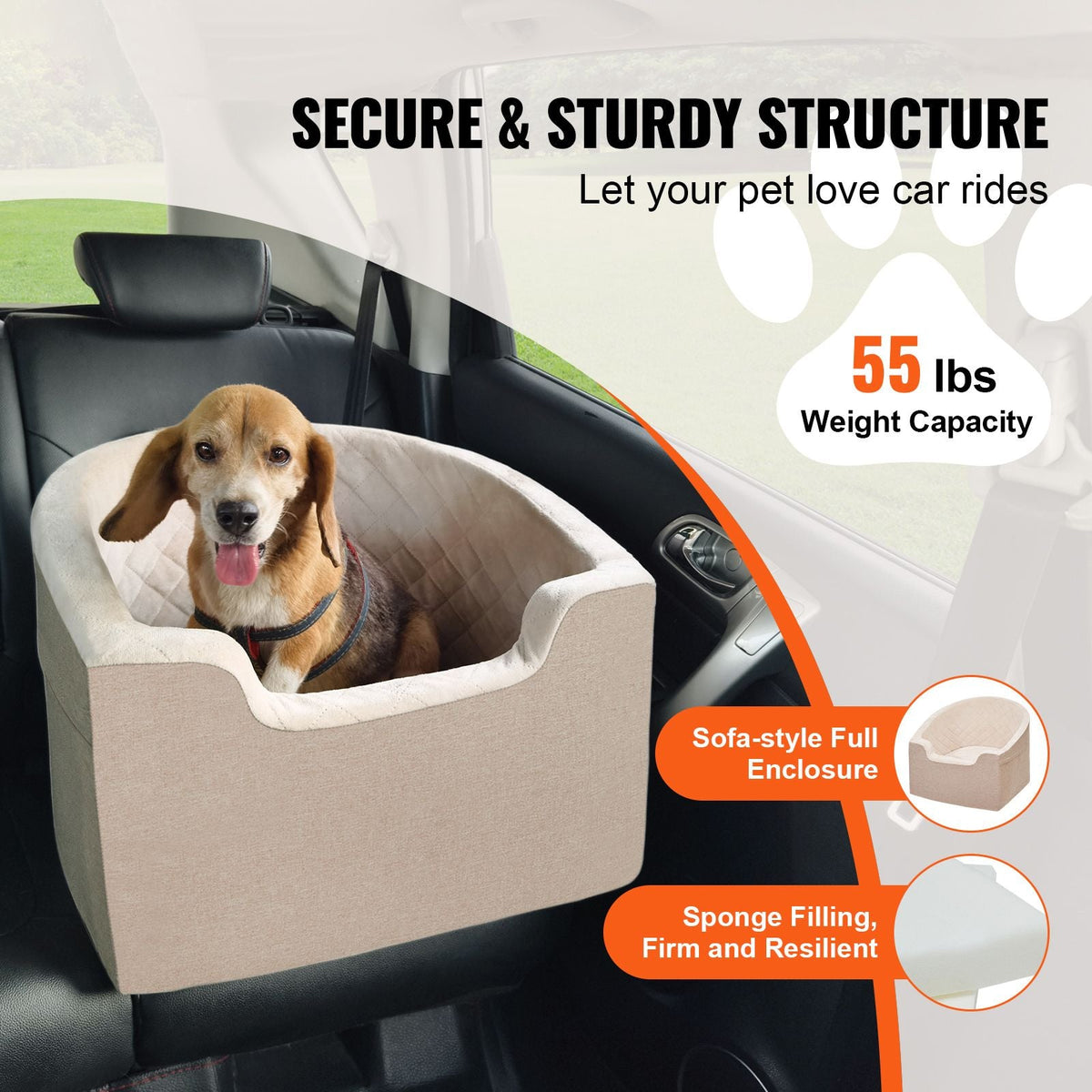 Dog Car Seat, Waterproof Dog Booster Seat for Car with A Storage Pocket, Clip-On Safety Leash and Sponge Filling, Dog Car Bed for Small & Medium Dog up to 55lbs, Brown
