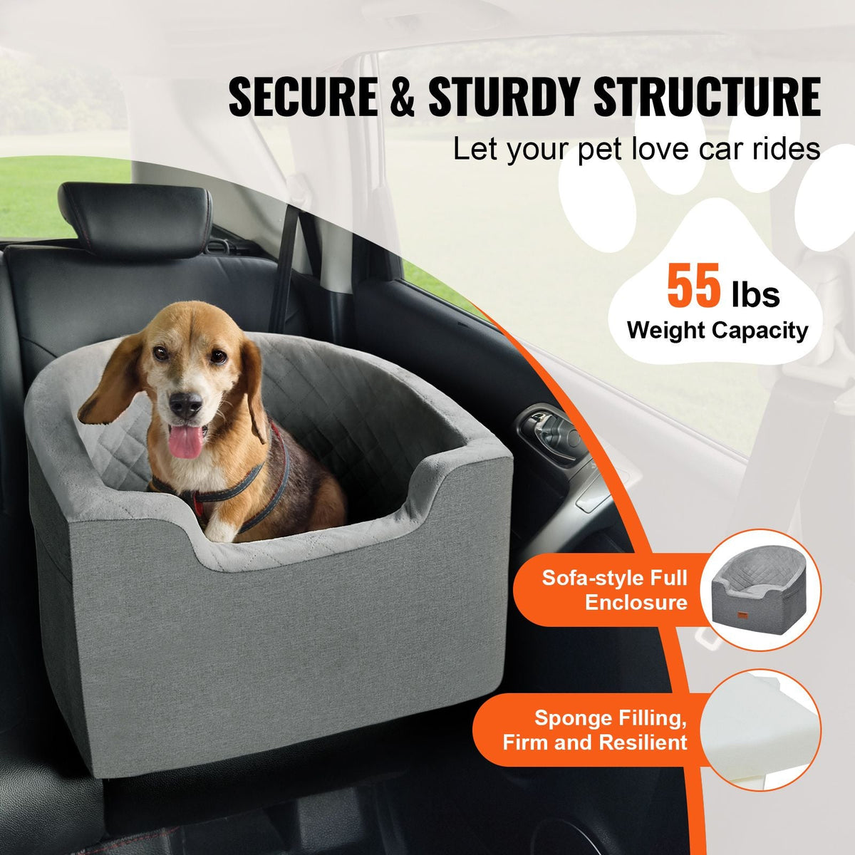 Dog Car Seat, Waterproof Dog Booster Seat for Car with A Storage Pocket, Clip-On Safety Leash and Sponge Filling, Dog Car Bed for Small & Medium Dog up to 55lbs, Gray