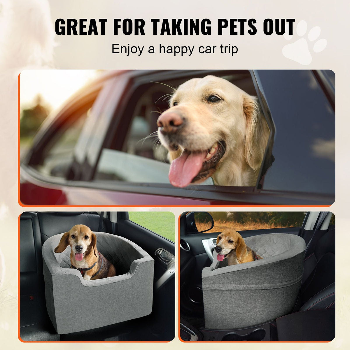 Dog Car Seat, Waterproof Dog Booster Seat for Car with A Storage Pocket, Clip-On Safety Leash and Sponge Filling, Dog Car Bed for Small & Medium Dog up to 55lbs, Gray