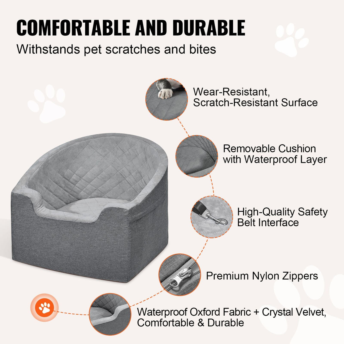 Dog Car Seat, Waterproof Dog Booster Seat for Car with A Storage Pocket, Clip-On Safety Leash and Sponge Filling, Dog Car Bed for Small & Medium Dog up to 55lbs, Gray