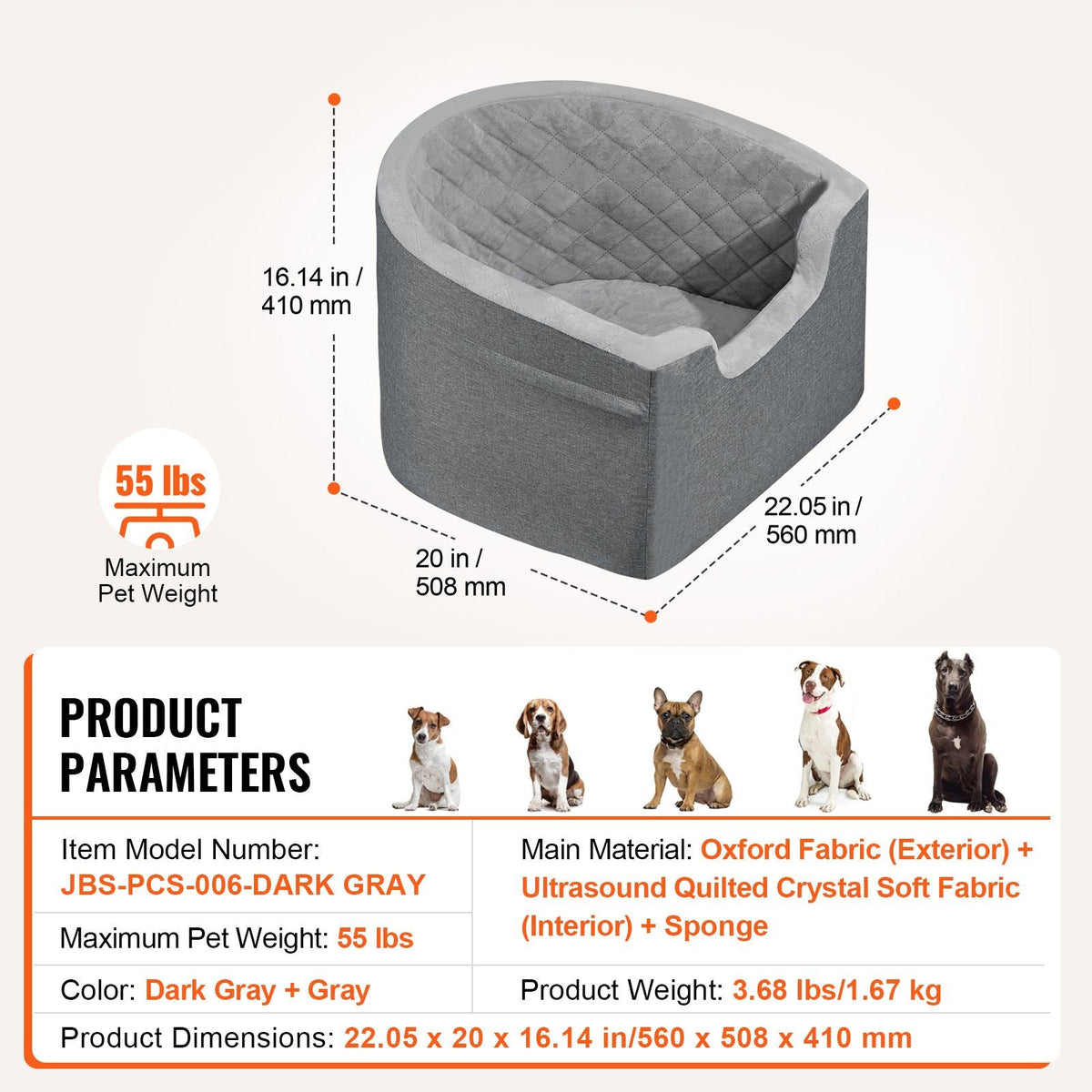 Dog Car Seat, Waterproof Dog Booster Seat for Car with A Storage Pocket, Clip-On Safety Leash and Sponge Filling, Dog Car Bed for Small & Medium Dog up to 55lbs, Gray