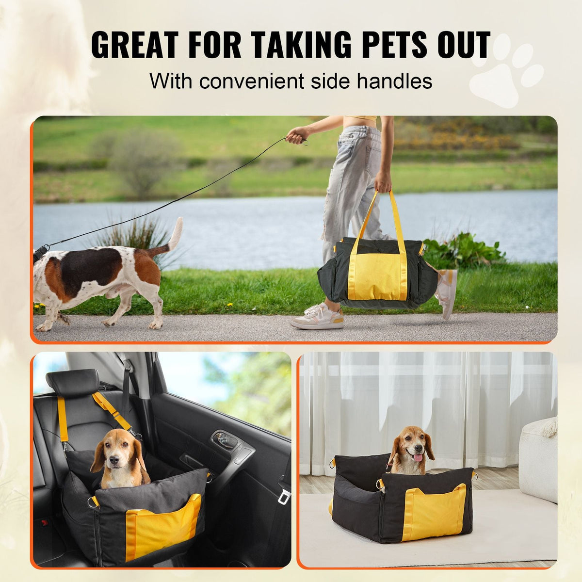 Dog Car Seat, Waterproof Dog Booster Seat for Car with Side Handles and A Storage Pocket, Clip-On Safety Leash and PP Cotton Filling, Dog Car Bed for Small Dog up to 25lbs, Black