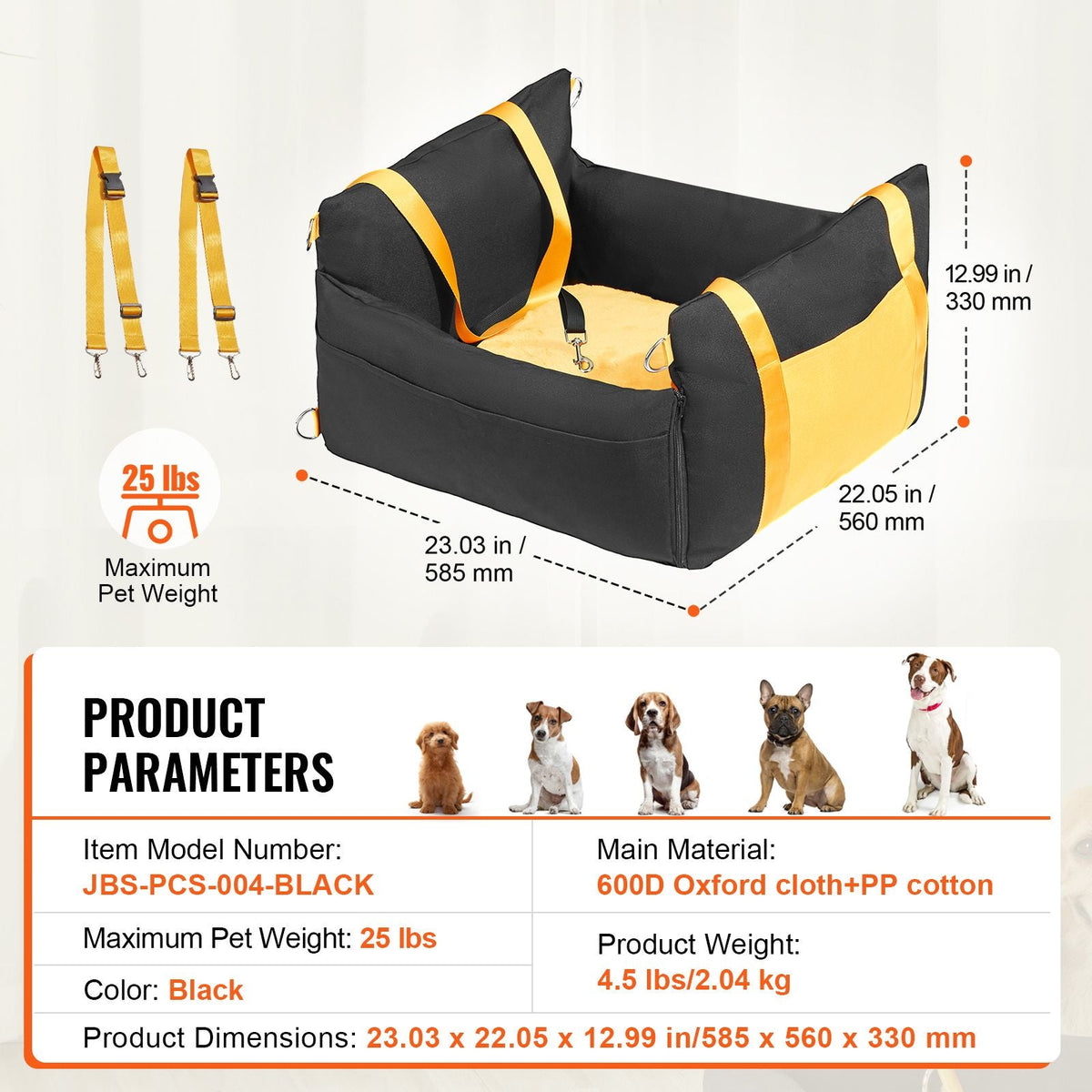 Dog Car Seat, Waterproof Dog Booster Seat for Car with Side Handles and A Storage Pocket, Clip-On Safety Leash and PP Cotton Filling, Dog Car Bed for Small Dog up to 25lbs, Black