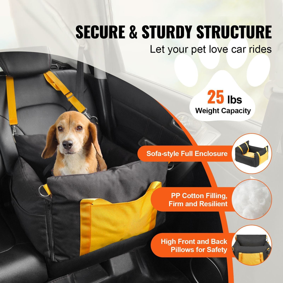 Dog Car Seat, Waterproof Dog Booster Seat for Car with Side Handles and A Storage Pocket, Clip-On Safety Leash and PP Cotton Filling, Dog Car Bed for Small Dog up to 25lbs, Black