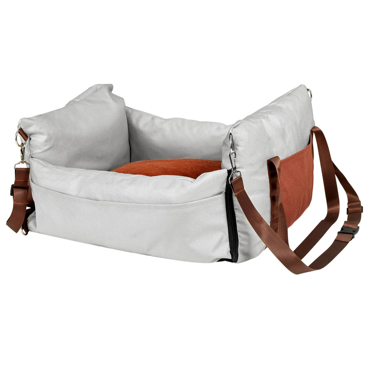 Dog Car Seat, Waterproof Dog Booster Seat for Car with Side Handles and A Storage Pocket, Clip-On Safety Leash and PP Cotton Filling, Dog Car Bed for Small Dog up to 25lbs, Gray
