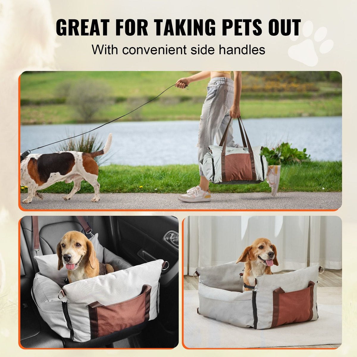 Dog Car Seat, Waterproof Dog Booster Seat for Car with Side Handles and A Storage Pocket, Clip-On Safety Leash and PP Cotton Filling, Dog Car Bed for Small Dog up to 25lbs, Gray