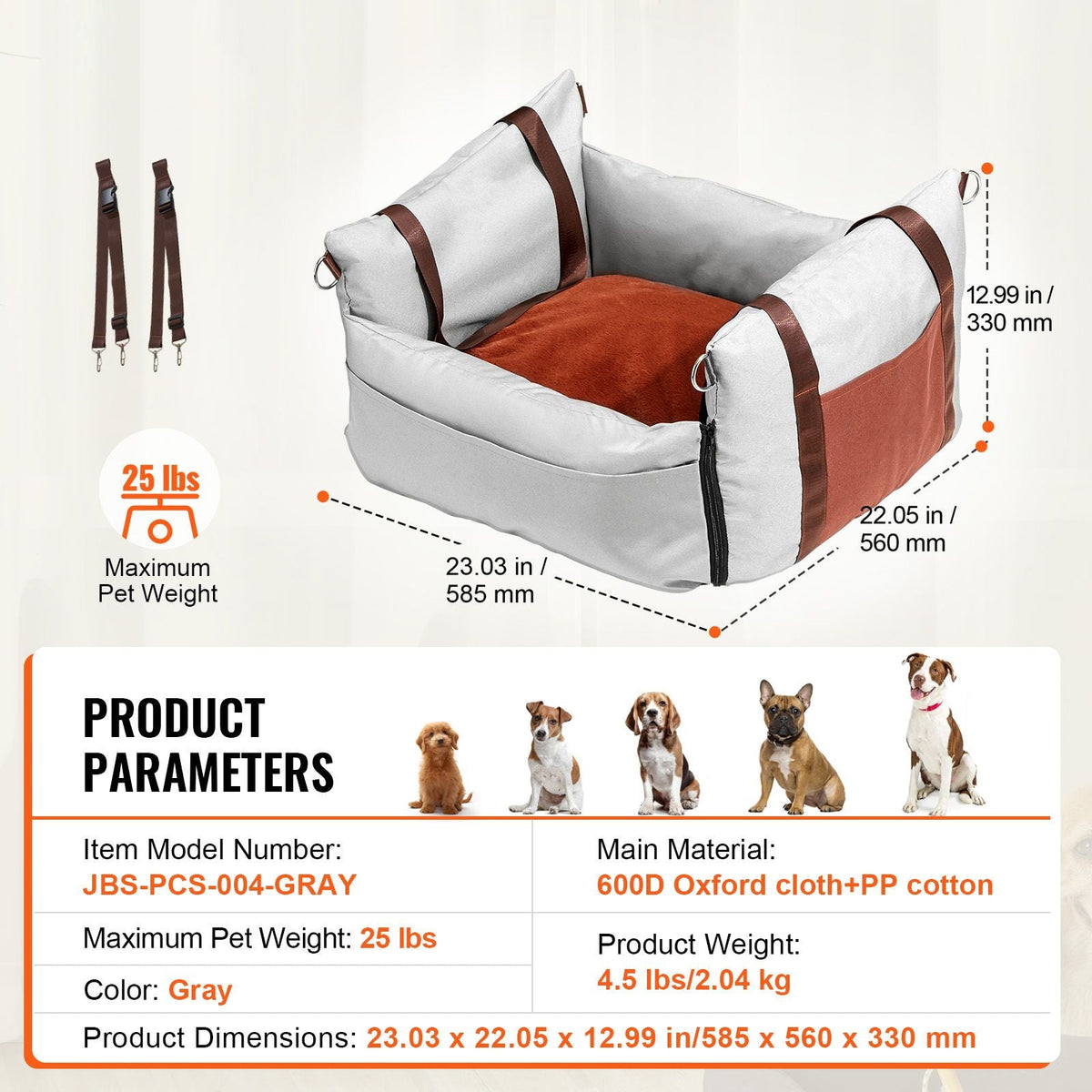Dog Car Seat, Waterproof Dog Booster Seat for Car with Side Handles and A Storage Pocket, Clip-On Safety Leash and PP Cotton Filling, Dog Car Bed for Small Dog up to 25lbs, Gray