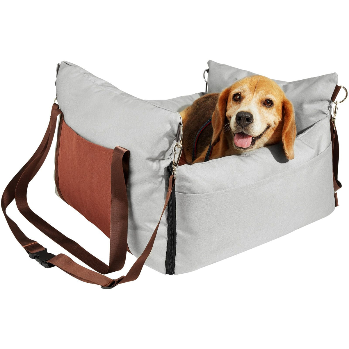 Dog Car Seat, Waterproof Dog Booster Seat for Car with Side Handles and A Storage Pocket, Clip-On Safety Leash and PP Cotton Filling, Dog Car Bed for Small Dog up to 25lbs, Gray