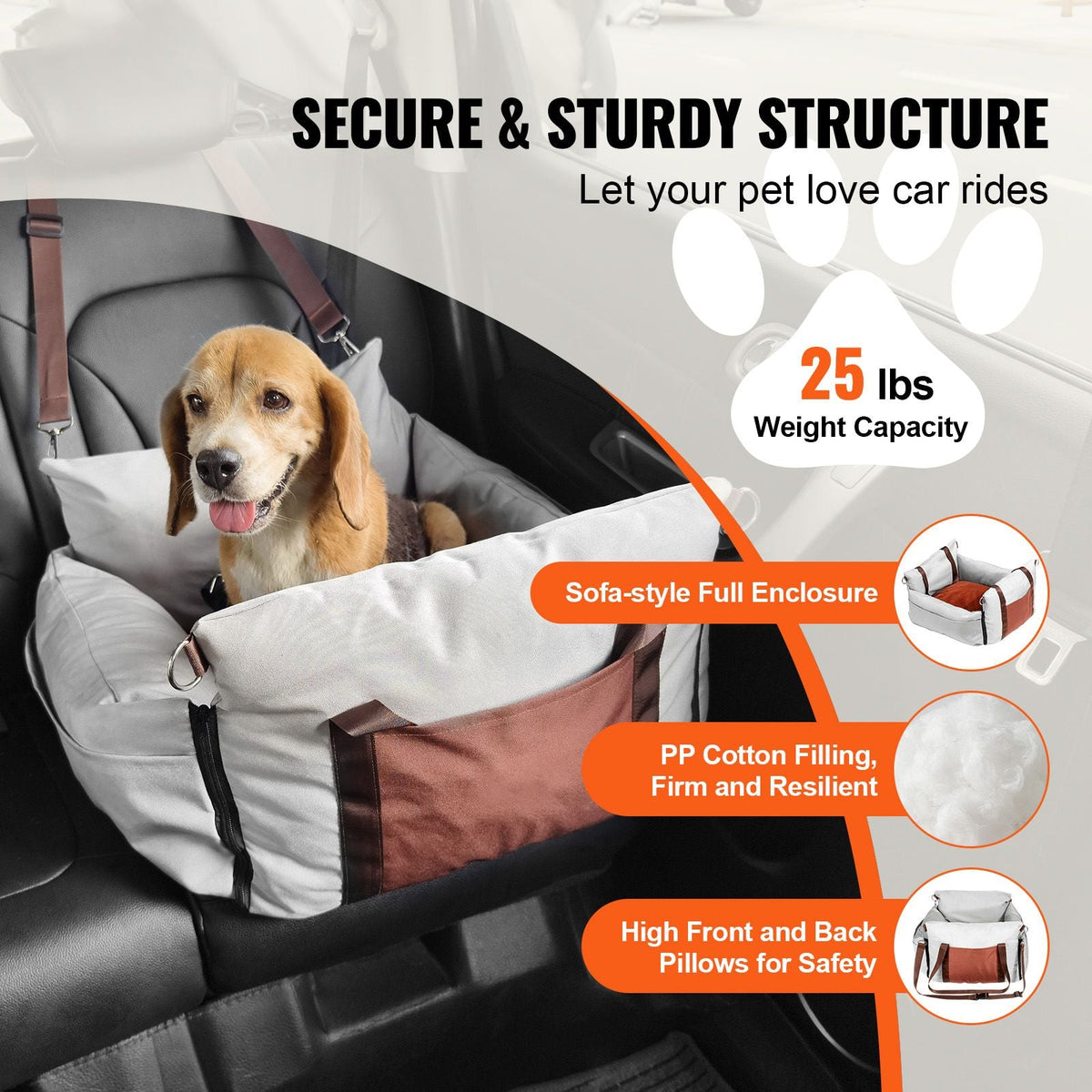 Dog Car Seat, Waterproof Dog Booster Seat for Car with Side Handles and A Storage Pocket, Clip-On Safety Leash and PP Cotton Filling, Dog Car Bed for Small Dog up to 25lbs, Gray