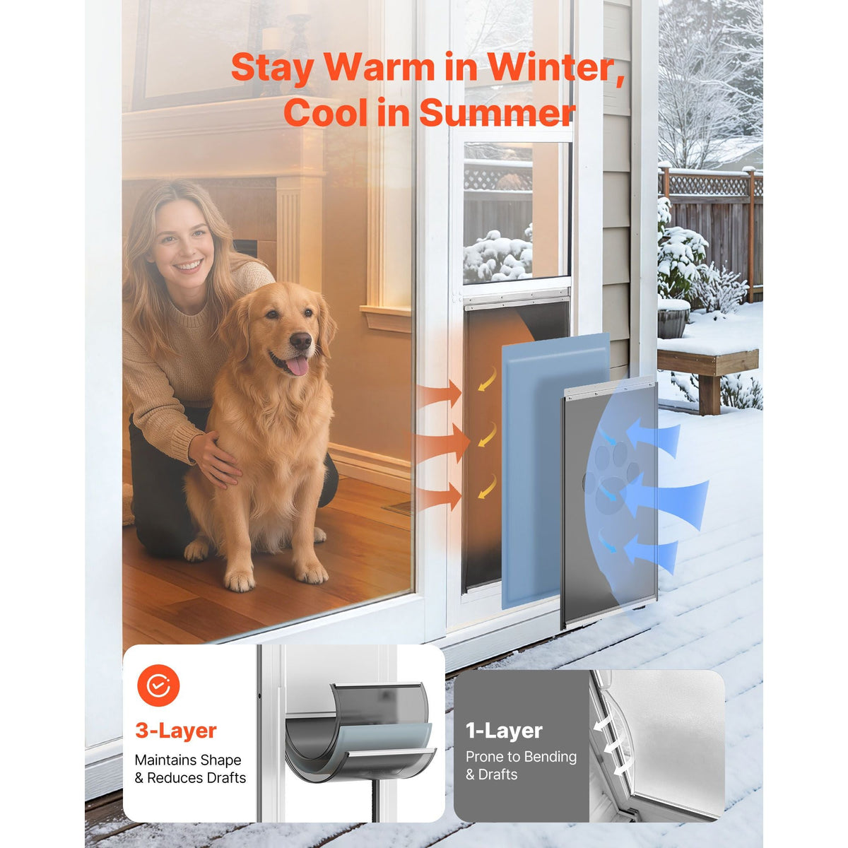 Dog Door for Sliding Glass Door, 75 7/8" to 80 11/16" Adjustable Height, Aluminum Alloy Frame with 3-Layer Flap and Rotating Hinge, for Extra Large-Sized Dogs, Sliding Glass Pet Doors for Renter