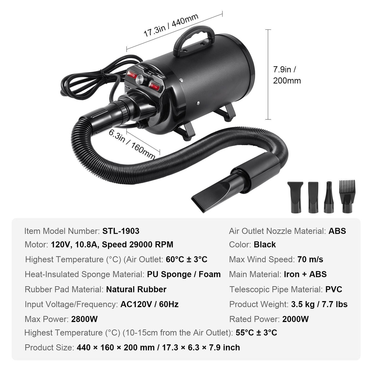 Dog Dryer, 2000W/2.7HP Dog Blow Dryer, Pet Grooming Dryer with Adjustable Speed and Temperature Control, Pet Hair Dryer with 4 Nozzles and Extendable Hose, Black