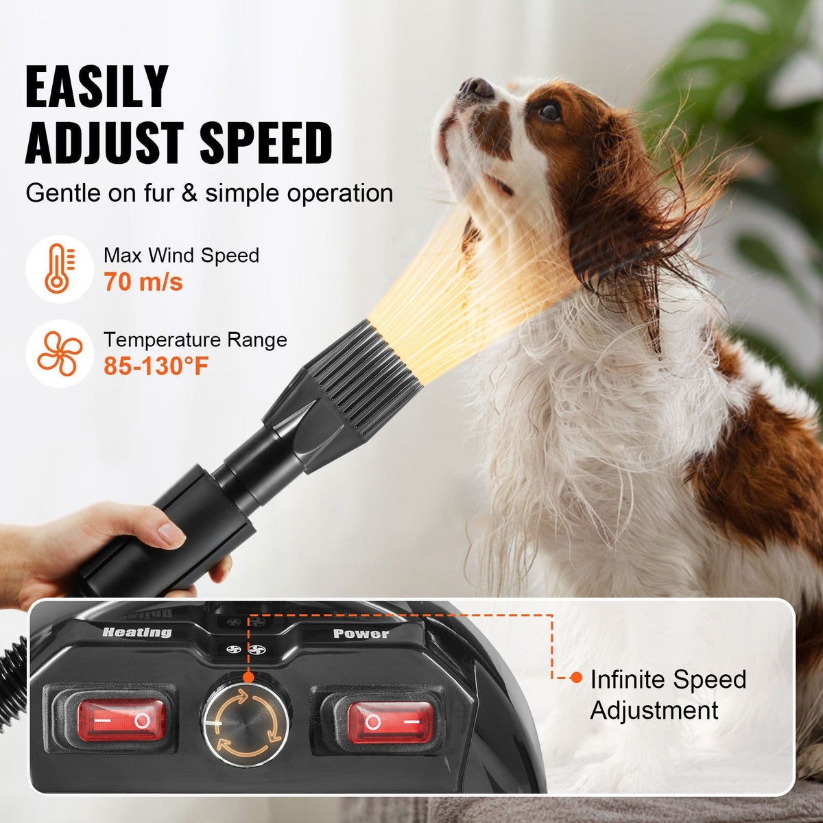 Dog Dryer, 2000W/2.7HP Dog Blow Dryer, Pet Grooming Dryer with Adjustable Speed and Temperature Control, Pet Hair Dryer with 4 Nozzles and Extendable Hose, Grey and Black