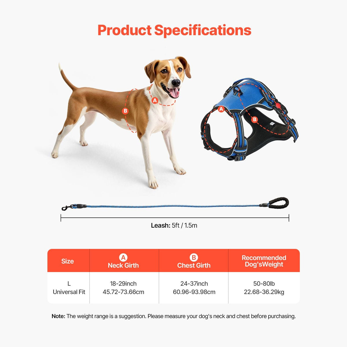 Dog Harness for Large Dogs, No Pull Adjustable Dog Vest Pet Harness, with 5ft Leash, Handle, Metal Rings, Buckles, Reflective Stitching 600D Oxford Fabric, for Training, Walking, and Hiking