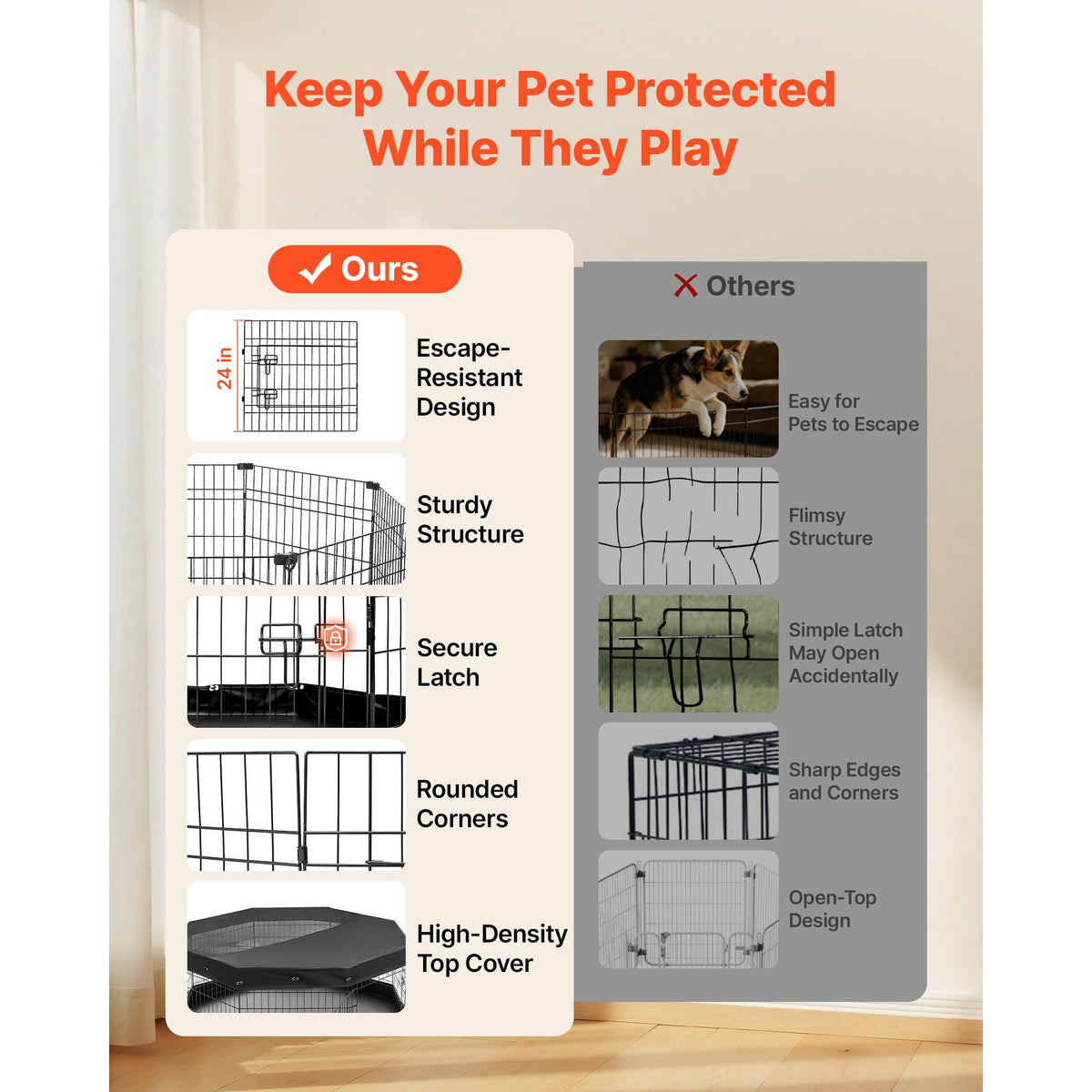 Dog Playpen 24 Inch 8 Panels Exercise Pen with Top Cover & Bottom Pad, Indoor Foldable Metal Pet Fence with Door, Heavy Duty Puppy Crate Kennel Pen for Dogs, Cats, and Other Small Animals, Black