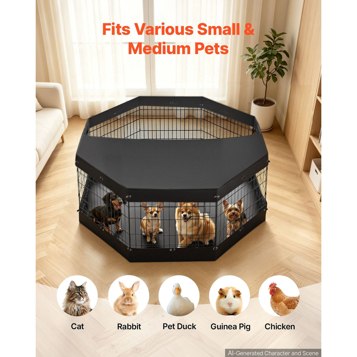 Dog Playpen 24 Inch 8 Panels Exercise Pen with Top Cover & Bottom Pad, Indoor Foldable Metal Pet Fence with Door, Heavy Duty Puppy Crate Kennel Pen for Dogs, Cats, and Other Small Animals, Black