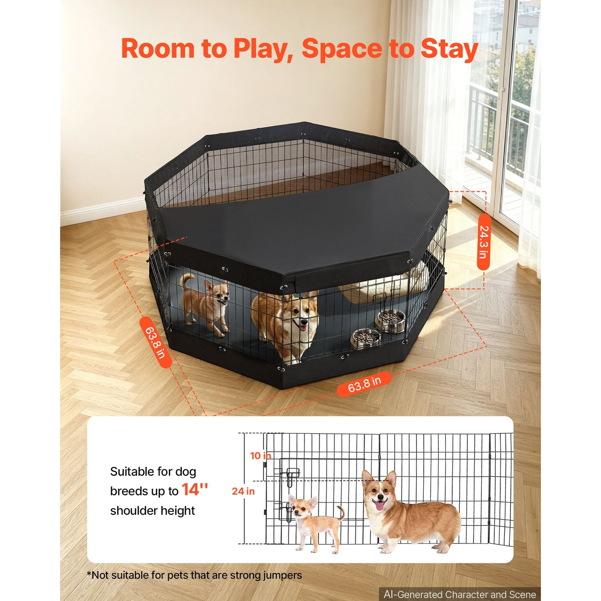 Dog Playpen 24 Inch 8 Panels Exercise Pen with Top Cover & Bottom Pad, Indoor Foldable Metal Pet Fence with Door, Heavy Duty Puppy Crate Kennel Pen for Dogs, Cats, and Other Small Animals, Black