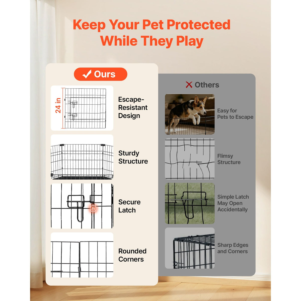 Dog Playpen 24 Inch 8 Panels Heavy Duty Exercise Pen with Bottom Pad, Indoor Foldable Metal Pet Fence with Door, Puppy Crate Kennel, Pet Playpen for Dogs, Cats, and Other Small Animals, Black