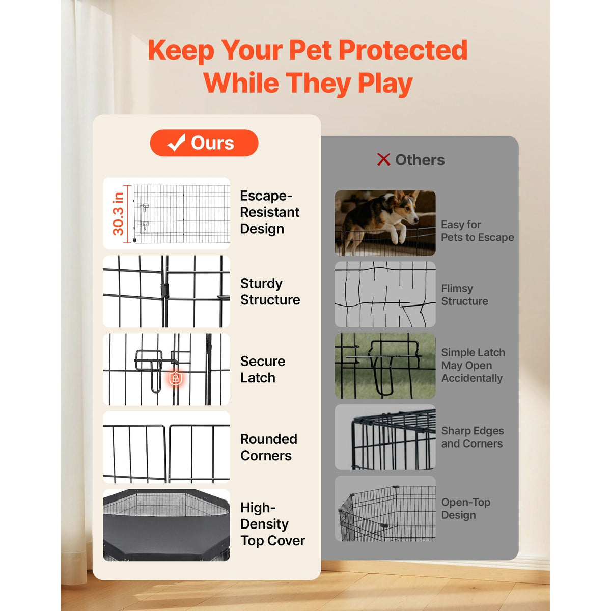 Dog Playpen 30 Inch 8 Panels Exercise Pen with Top Cover & Bottom Pad, Indoor Foldable Metal Pet Fence with Door, Heavy Duty Puppy Crate Kennel Pen for Dogs, Cats, and Other Small Animals, Black