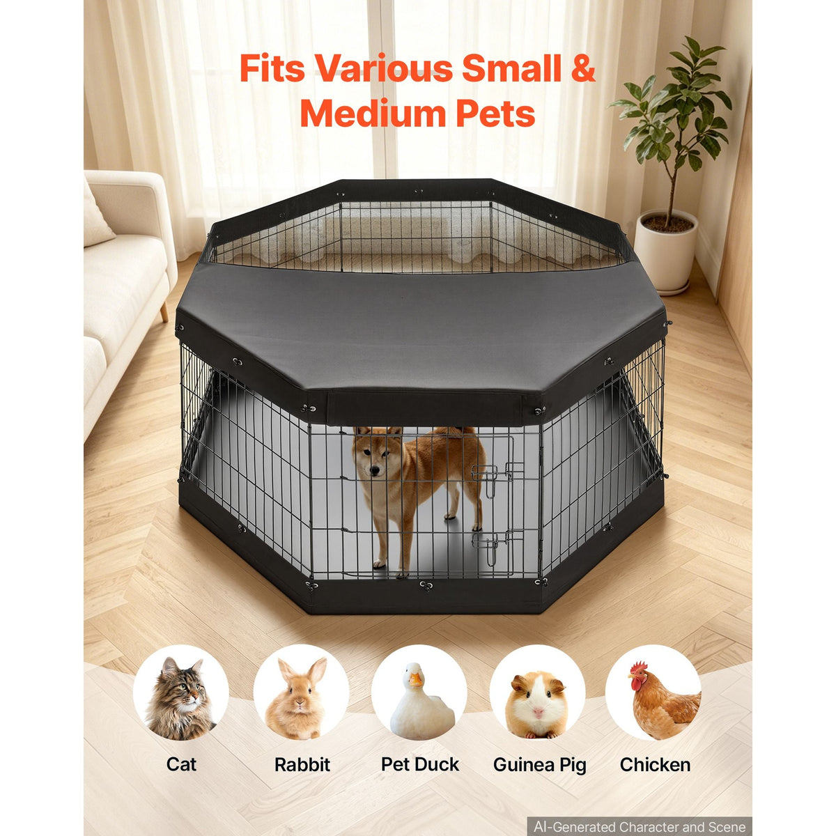 Dog Playpen 30 Inch 8 Panels Exercise Pen with Top Cover & Bottom Pad, Indoor Foldable Metal Pet Fence with Door, Heavy Duty Puppy Crate Kennel Pen for Dogs, Cats, and Other Small Animals, Black
