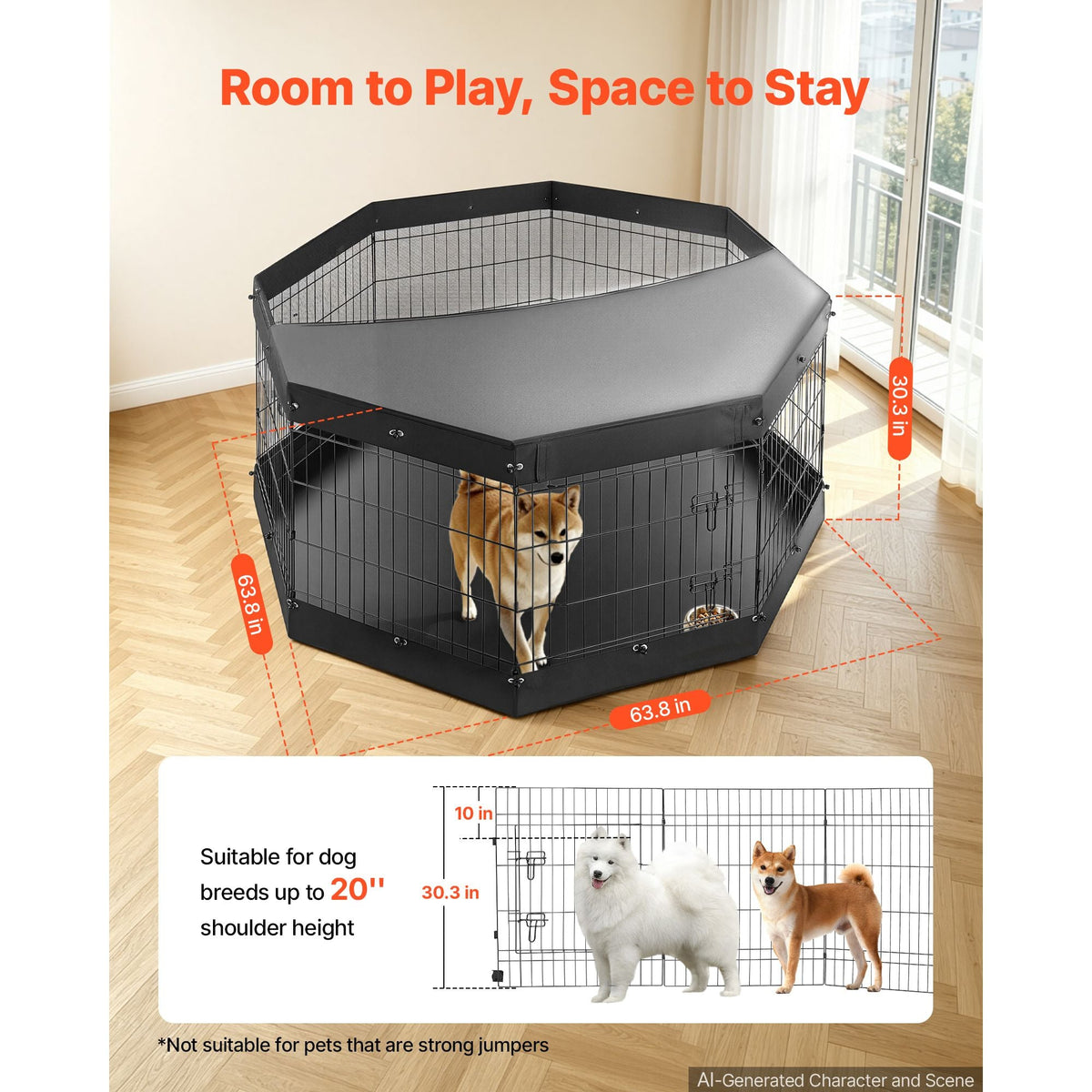 Dog Playpen 30 Inch 8 Panels Exercise Pen with Top Cover & Bottom Pad, Indoor Foldable Metal Pet Fence with Door, Heavy Duty Puppy Crate Kennel Pen for Dogs, Cats, and Other Small Animals, Black