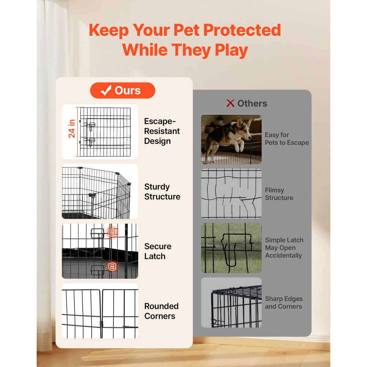 Dog Playpen 30 Inch 8 Panels Foldable Exercise Pen with Bottom Pad, Indoor Metal Pet Fence with Door, Heavy Duty Puppy Crate Kennel, Pet Playpen for Dogs, Cats, and Other Small Animals, Black