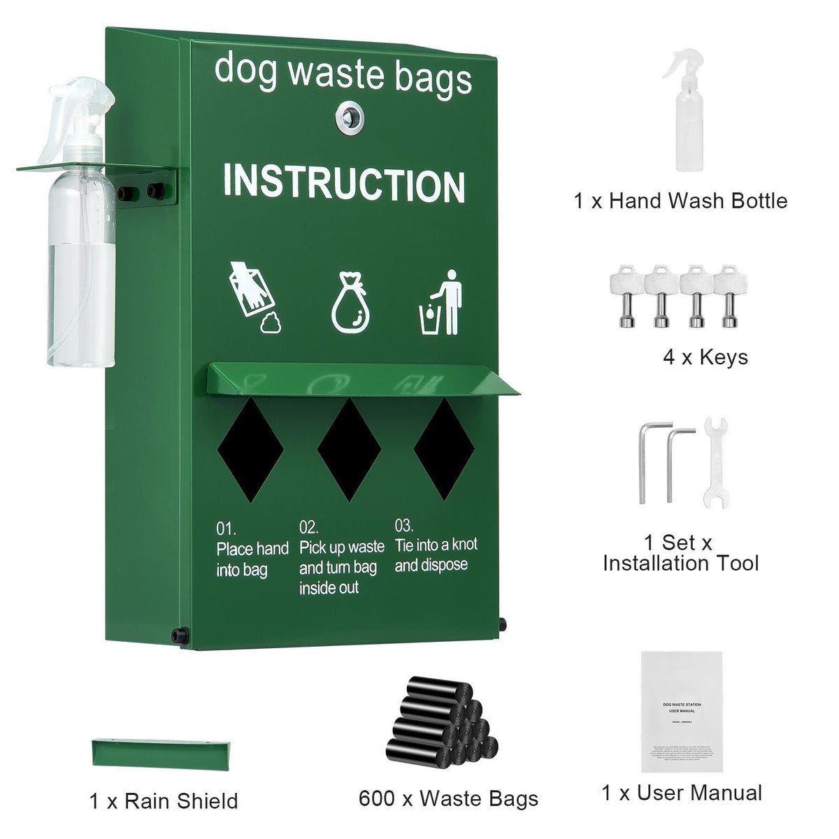 Dog Poop Bag Dispenser with Hand Wash Bottle, Lockable Outdoor Dog Waste Bag Holder with 600 Waste Bags, Stake, Pole, Fence & Wall Mounted Dog Poop Bag Storage, Pet Waste Station for Porch, Lawn